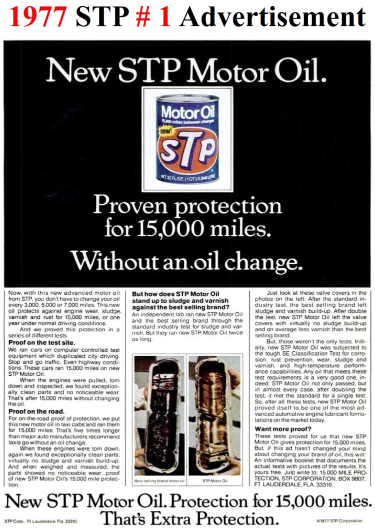 1977 STP Motor Oil Advertisement for 15,000-Mile Oil Change Drain Interval