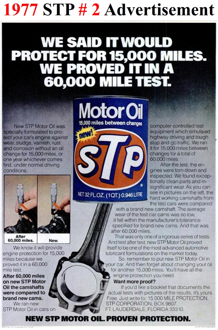 1977 STP Motor Oil Advertisement for 15,000-Mile x 4 = 60,000-Mile Oil Change Drain Interval
